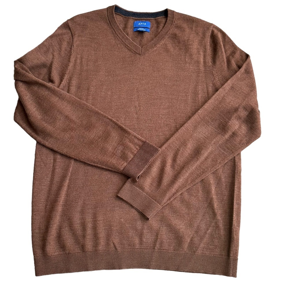 APT. 9 Mens Slim Fit  Dark Brown Knitted Marino Wool Blend V-Neck Sweater Size L